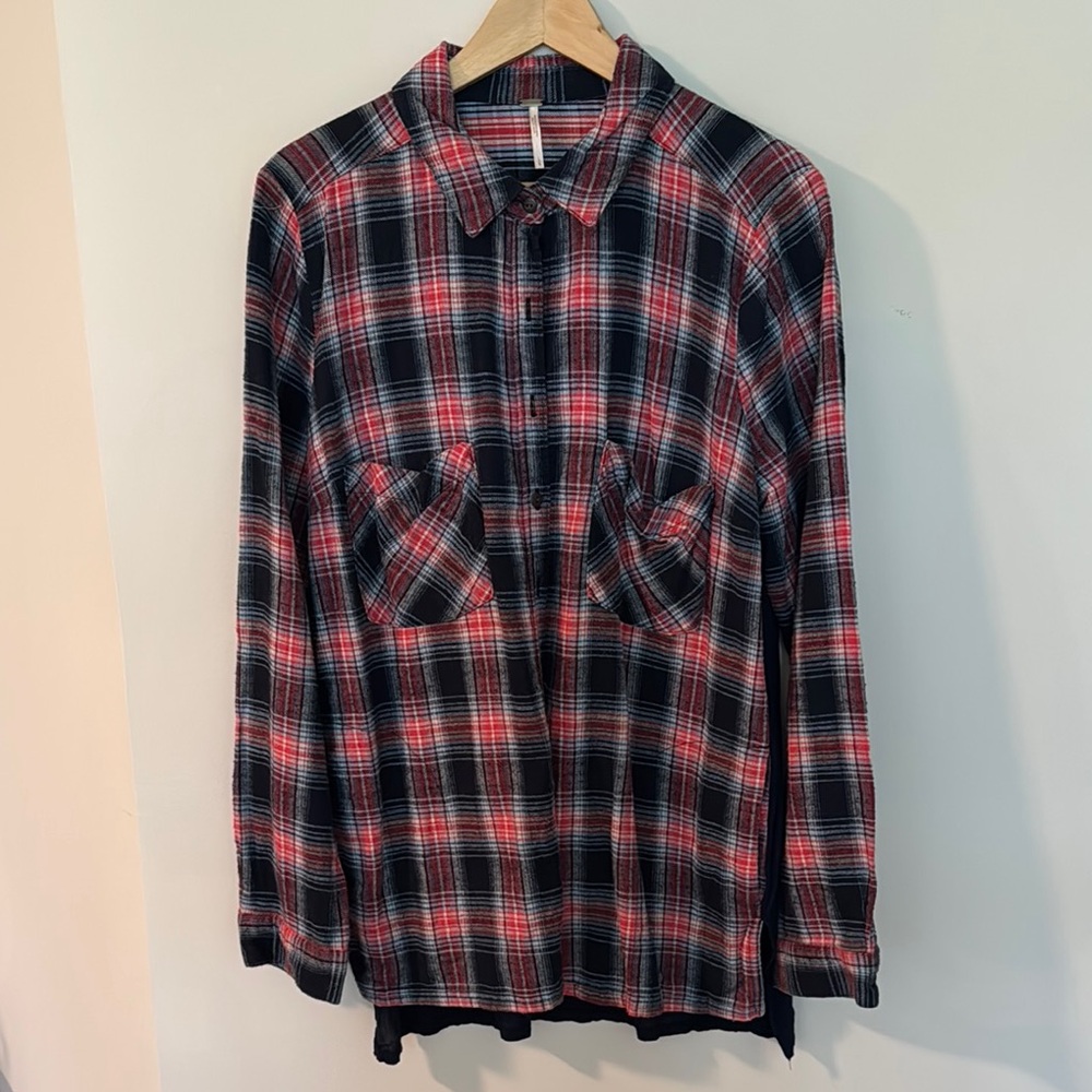 Free People Red and Blue Plaid Button-Down Shirt
